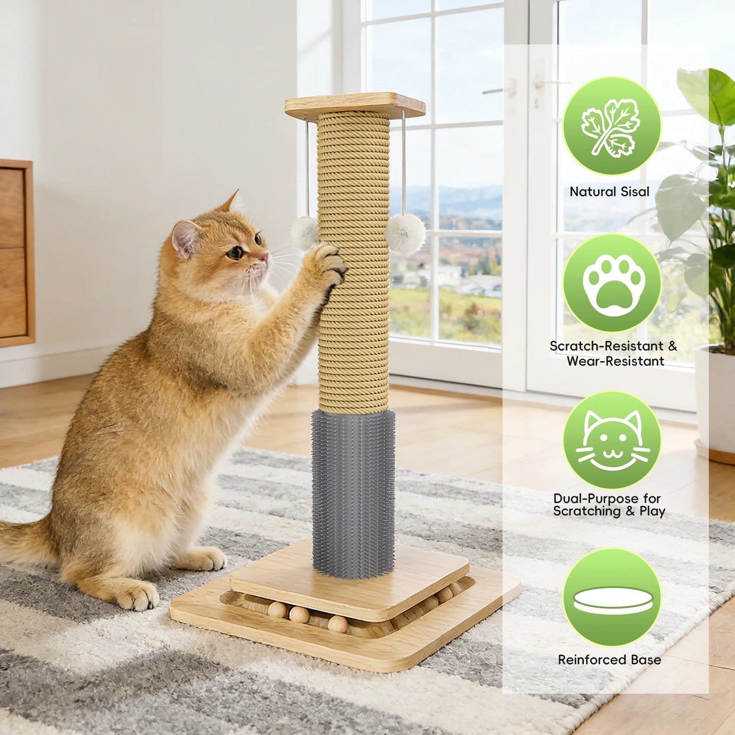 3-in-1 Katzen-Kratzbaum mit Kletterturm & Spielball – stabil, platzsparend, aus Natursisal
