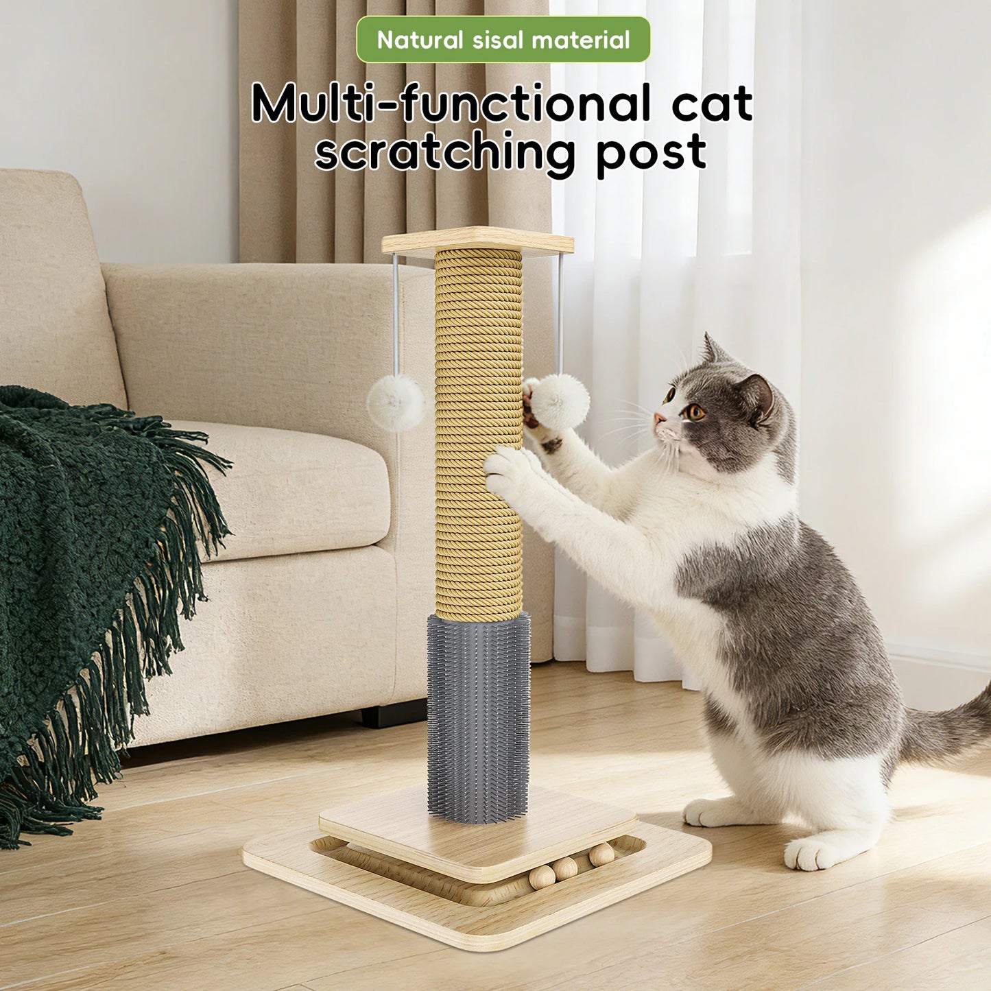 3-in-1 Katzen-Kratzbaum mit Kletterturm & Spielball – stabil, platzsparend, aus Natursisal