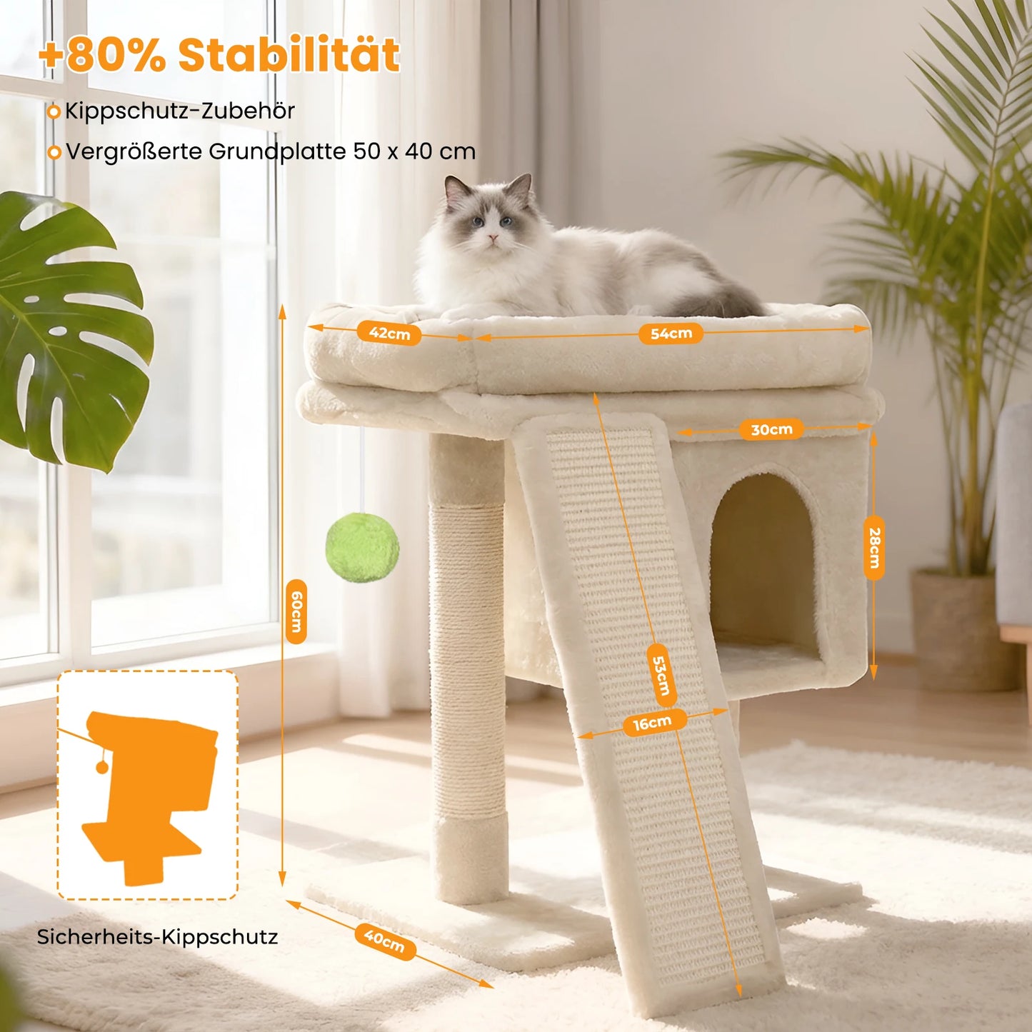Kratzbaum 60 cm mit Katzenhöhle & Kratzrampe – Stabiler Katzenturm für große Katzen