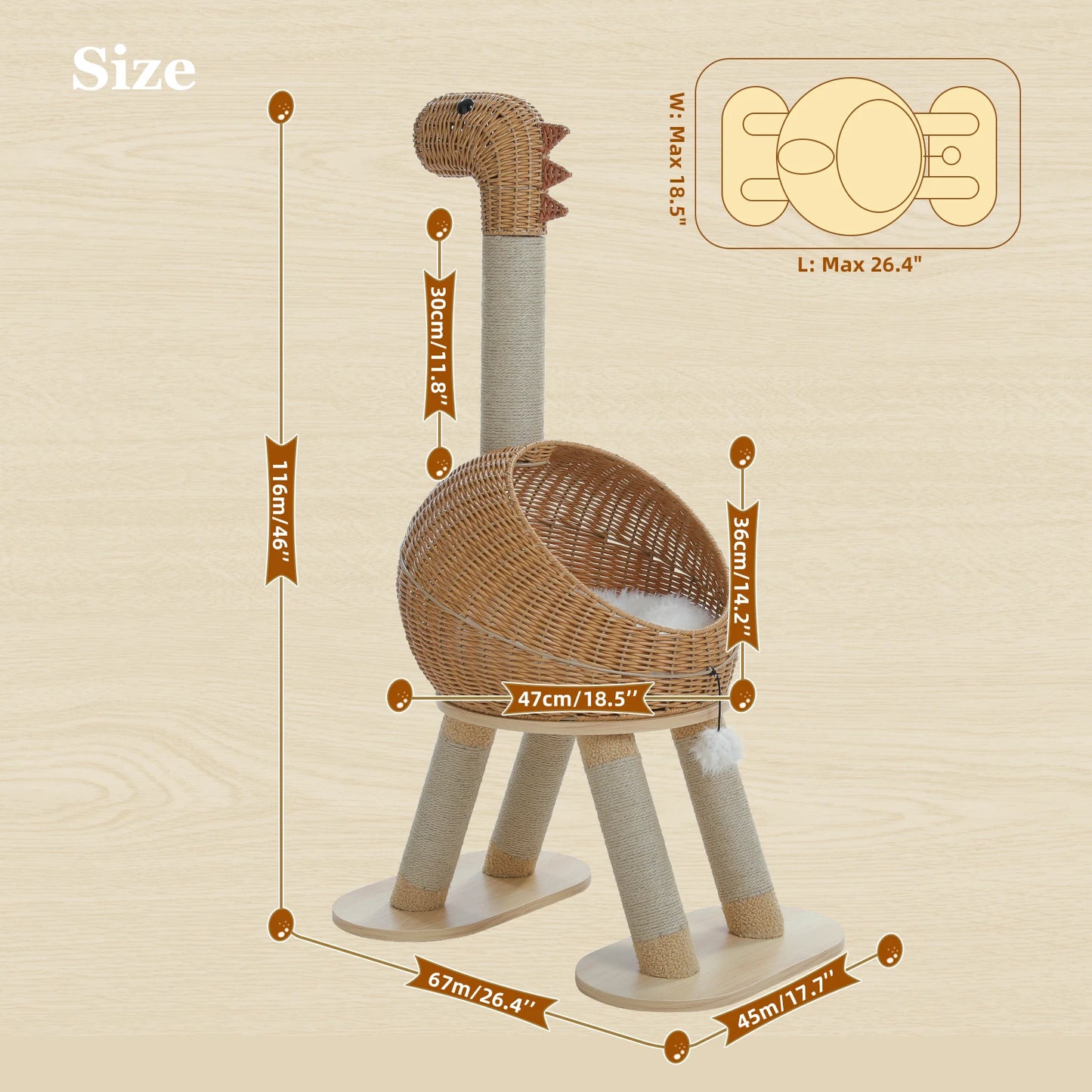 Dinosaurier Kratzbaum – Rattan Katzenturm mit Sisal & Katzenhöhle