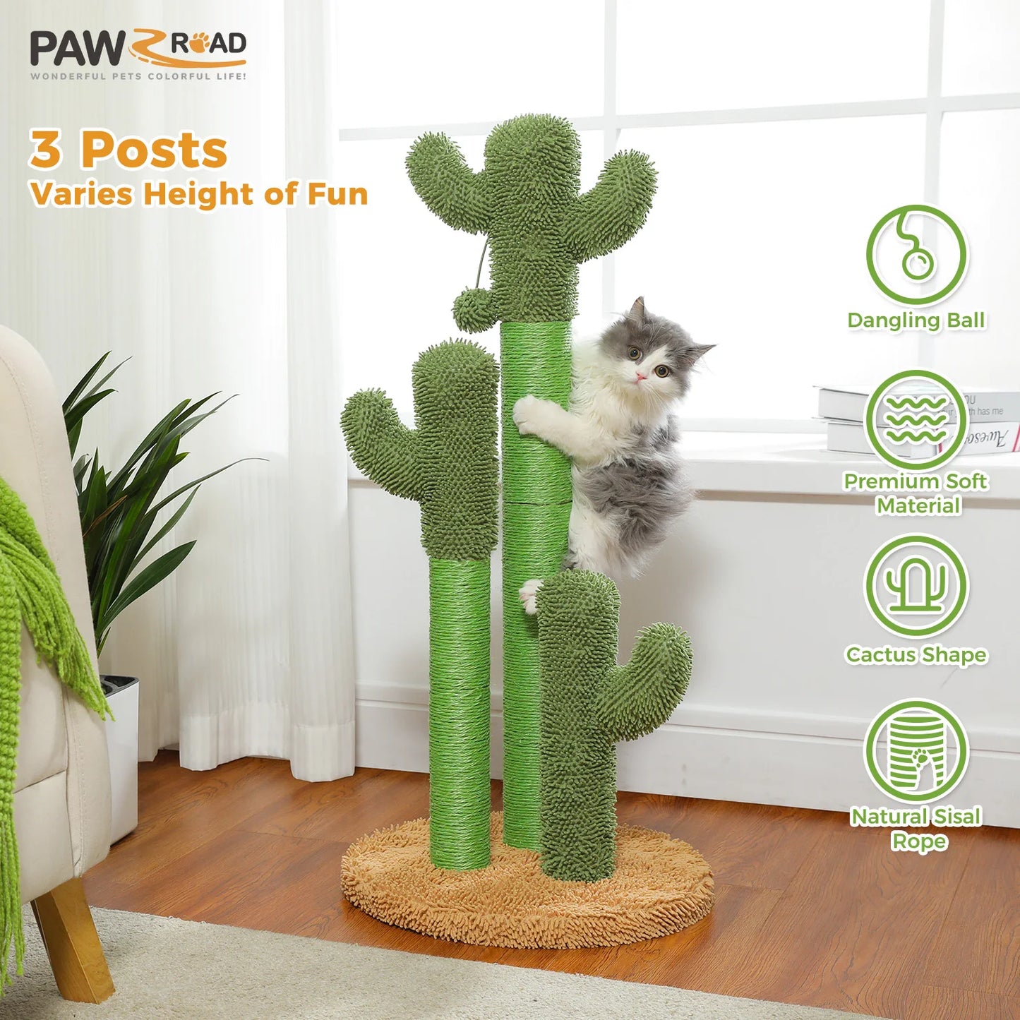 Kaktus-Katzenkratzbaum für Katzen im Innenbereich, hoher Katzenkratzbaum mit 3 Sisal-Kratzstangen, interaktives baumelndes Ball-Katzenspielzeug