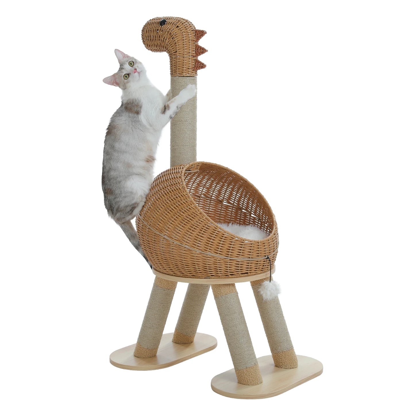 Dinosaurier Kratzbaum – Rattan Katzenturm mit Sisal & Katzenhöhle