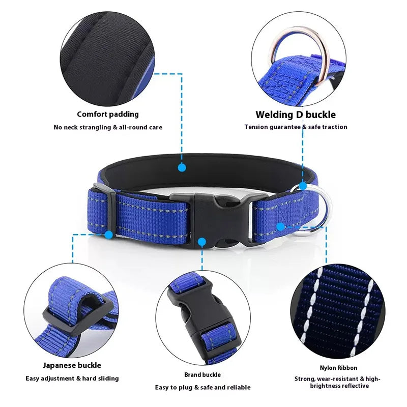 Reflektierendes Hundehalsband – gepolstert mit Neopren, verstellbar, mit Doppel-D-Ring