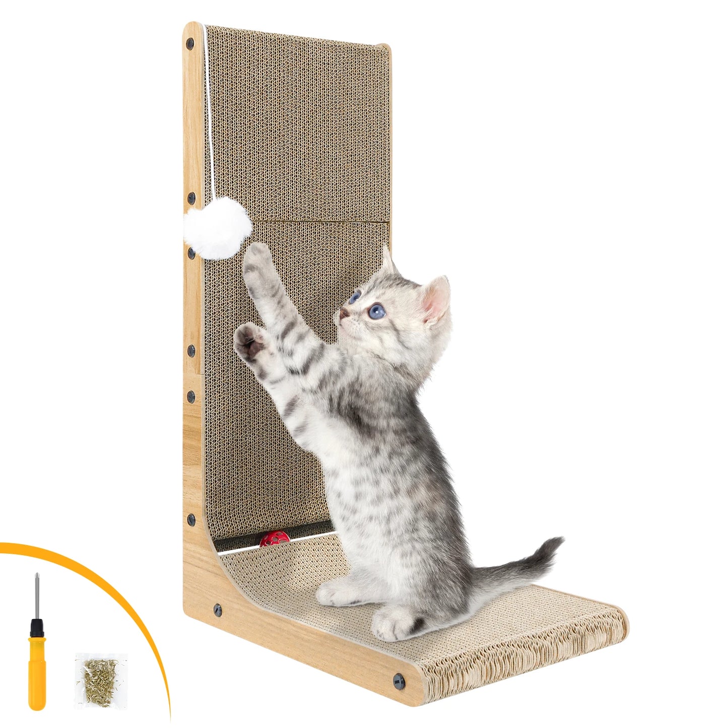 L-förmiges Katzenkratzbrett, kratzfester Katzenwandkratzer für Katzen, Katzenkratzbett mit Kätzchenspielzeug für Katzen im Innenbereich