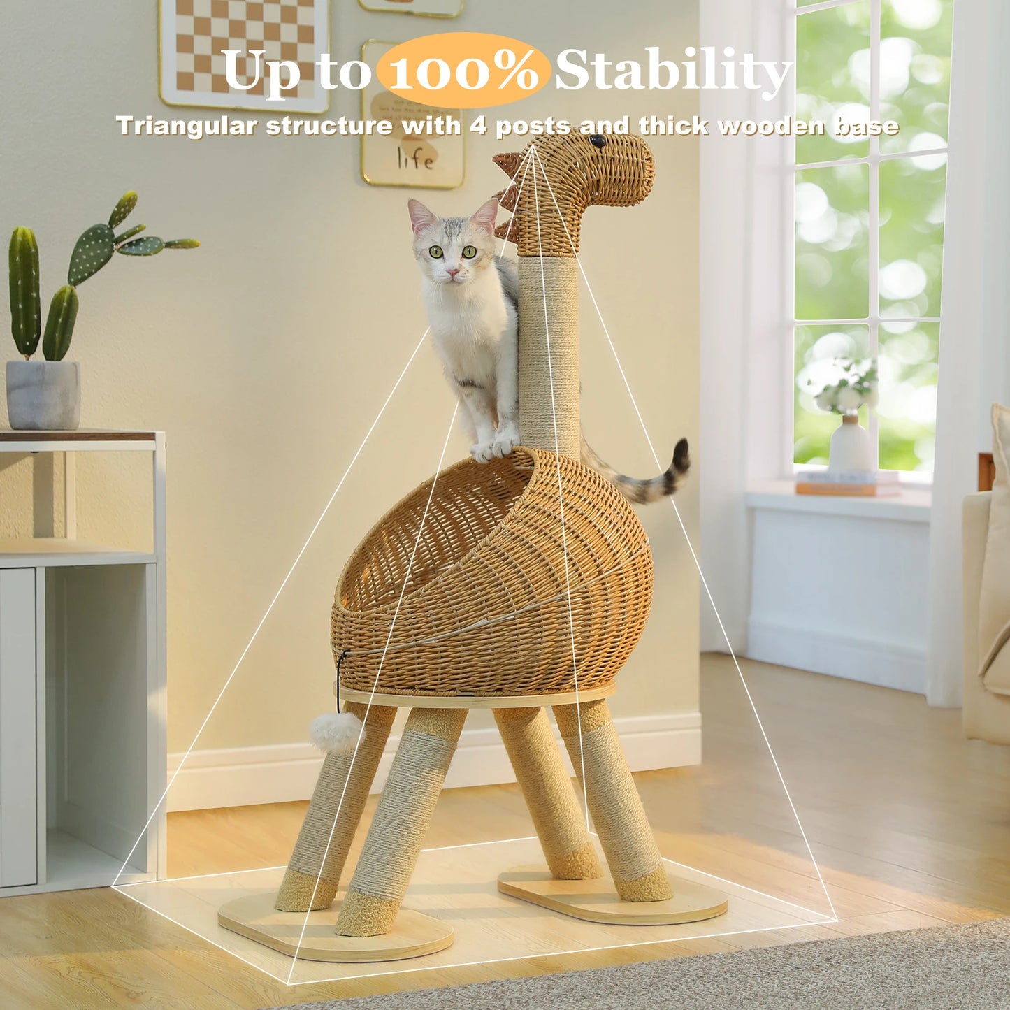 Dinosaurier Kratzbaum – Rattan Katzenturm mit Sisal & Katzenhöhle