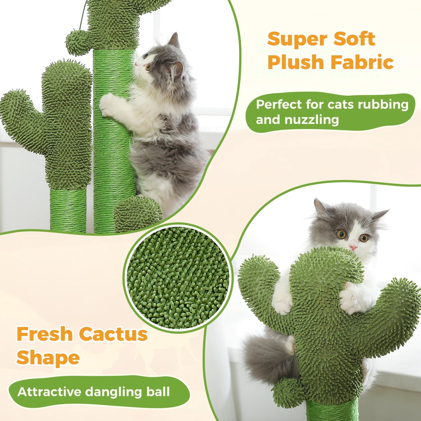 Kaktus-Katzenkratzbaum für Katzen im Innenbereich, hoher Katzenkratzbaum mit 3 Sisal-Kratzstangen, interaktives baumelndes Ball-Katzenspielzeug
