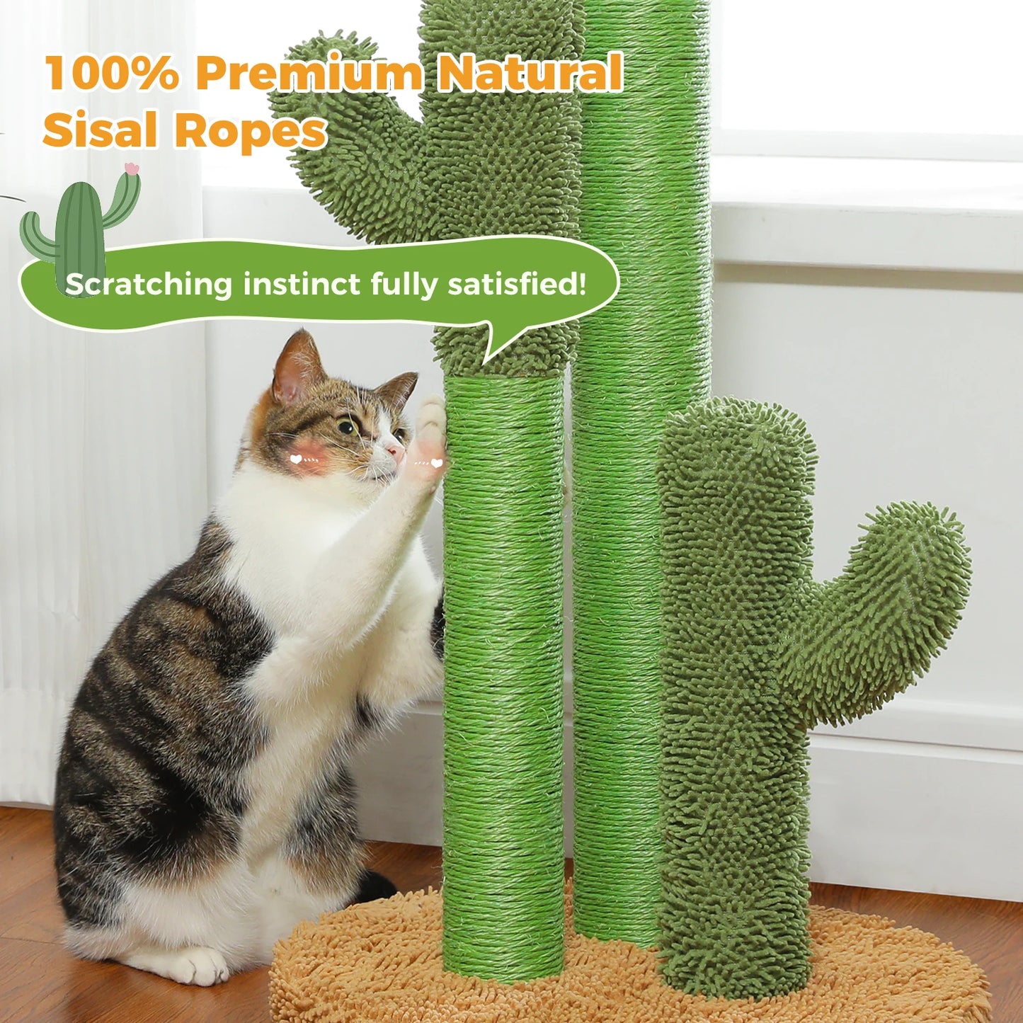 Kaktus-Katzenkratzbaum für Katzen im Innenbereich, hoher Katzenkratzbaum mit 3 Sisal-Kratzstangen, interaktives baumelndes Ball-Katzenspielzeug