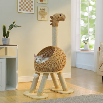 Dinosaurier Kratzbaum – Rattan Katzenturm mit Sisal & Katzenhöhle