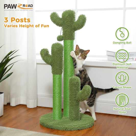 Kaktus-Katzenkratzbaum für Katzen im Innenbereich, hoher Katzenkratzbaum mit 3 Sisal-Kratzstangen, interaktives baumelndes Ball-Katzenspielzeug