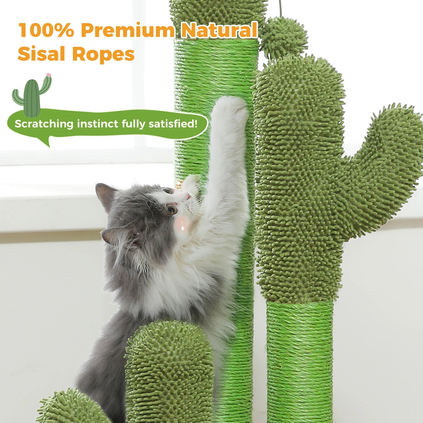 Kaktus-Katzenkratzbaum für Katzen im Innenbereich, hoher Katzenkratzbaum mit 3 Sisal-Kratzstangen, interaktives baumelndes Ball-Katzenspielzeug
